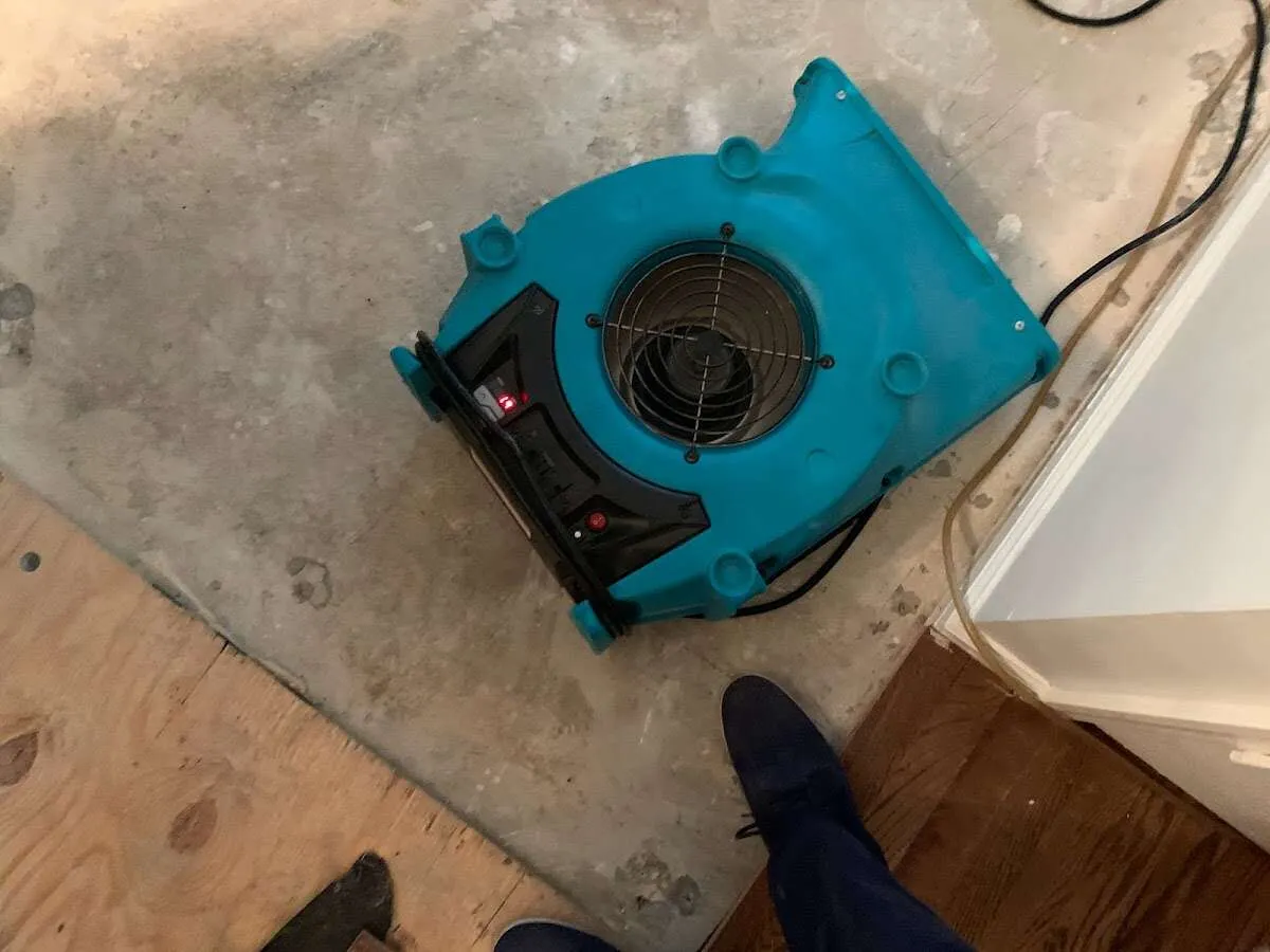 Air mover drying subfloor during Leak Detection & Repair in Loveland